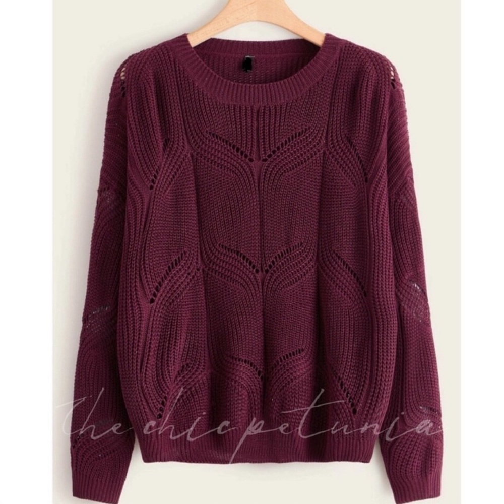 Plus burgundy eyelet knit pullover sweater - Picture 4 of 4